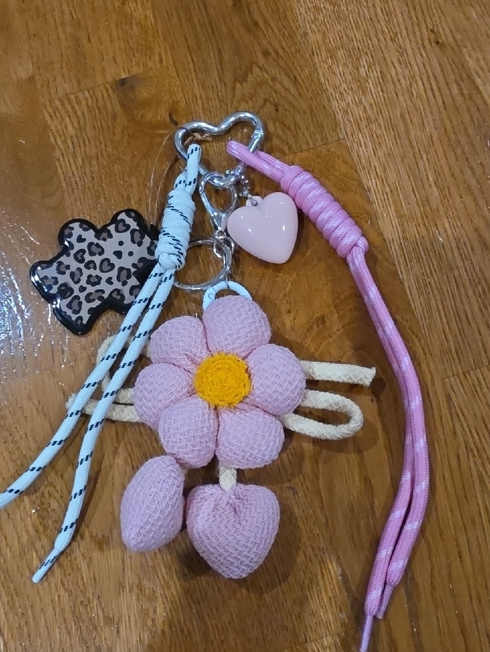 Kids Pink Flower Bag Charm with Heart Accent